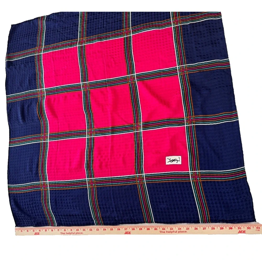 YSL Silk Scarf Vintage Navy Blue Pink 100% Silk Hand Rolled 33x33